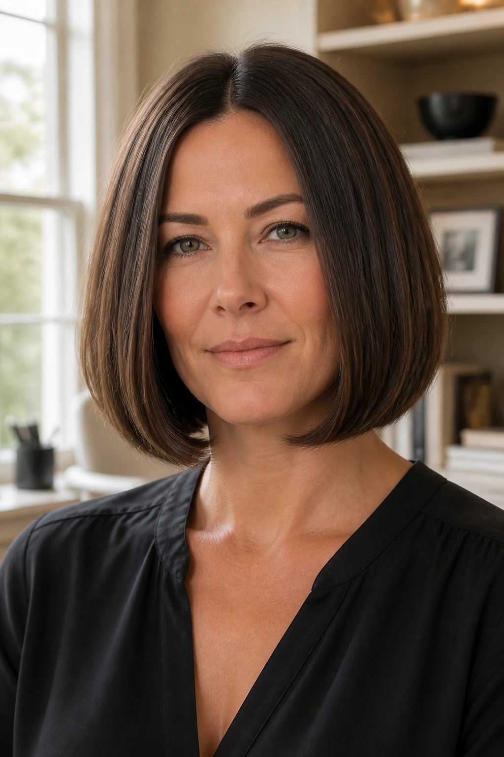 Close-up of a real woman with a straight-across bob and soft interior carving