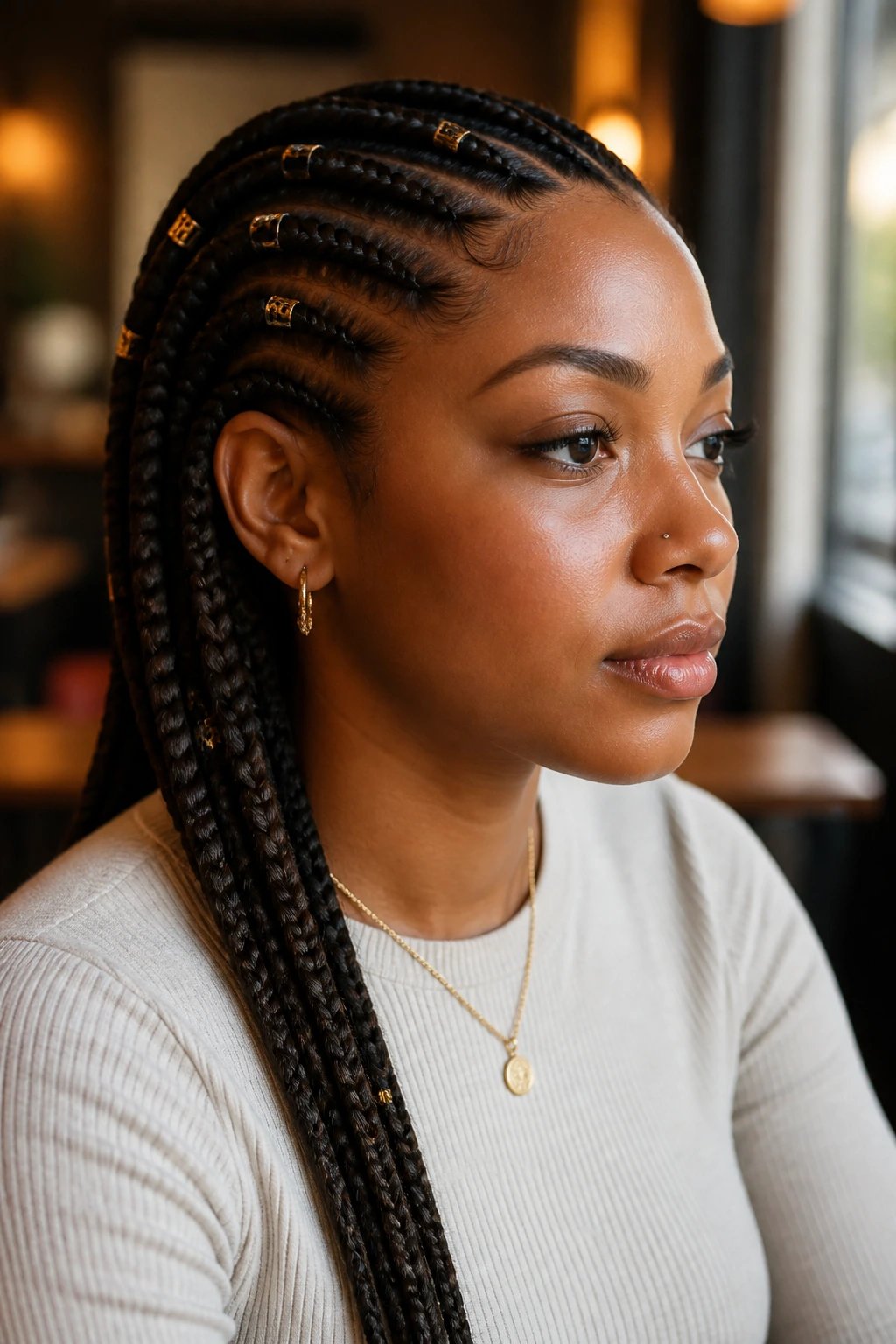 Close-up of real woman with straight-back braids and cuffs