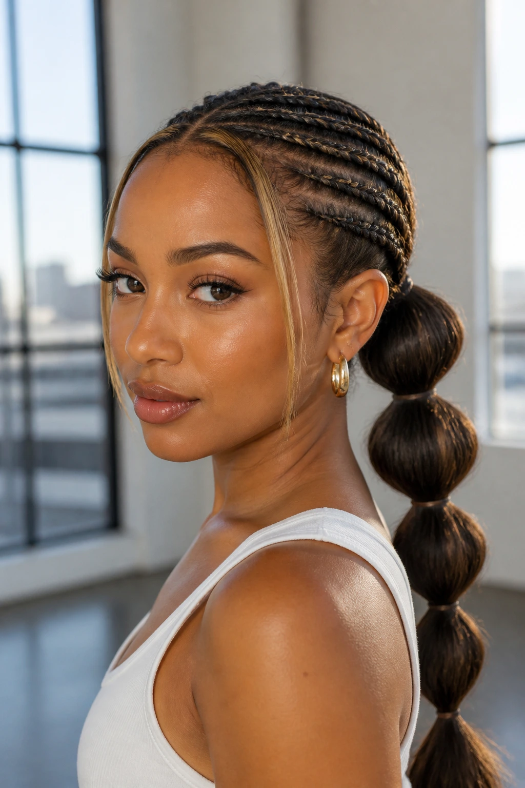 Close-up portrait of a real person with straight-back cornrows and a bubble ponytail