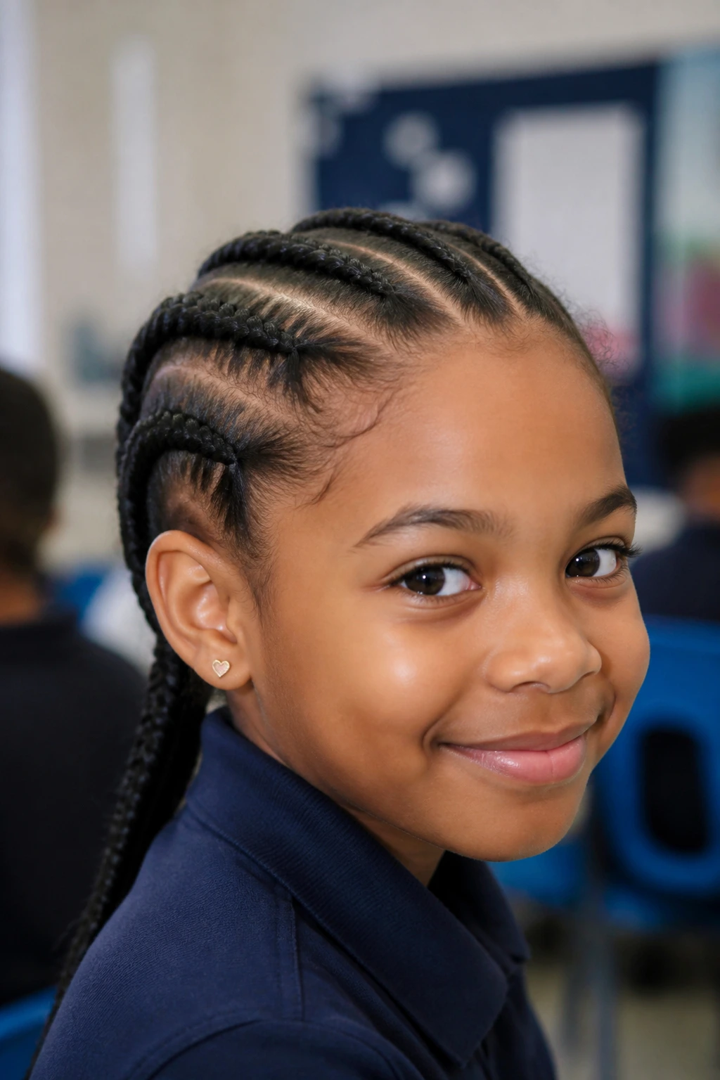 Front close-up of a child with straight-back jumbo cornrows in a classroom