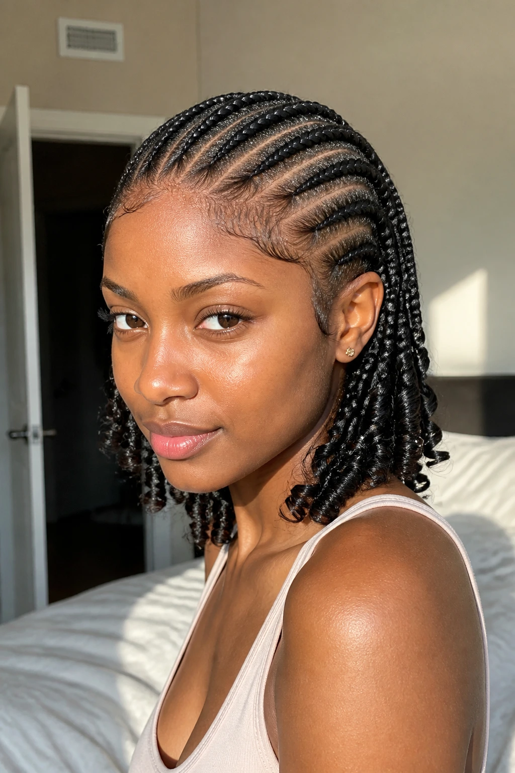 Close-up of straight-back cornrows with soft curly ends on a real person