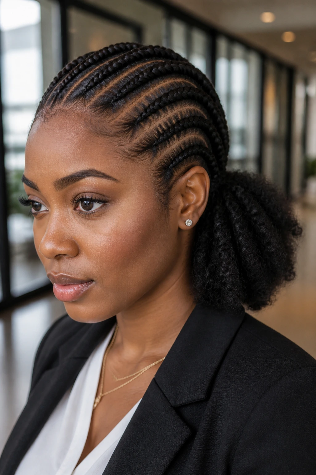 Real woman with minimal straight-back cornrows and fluffed ends in an office setting