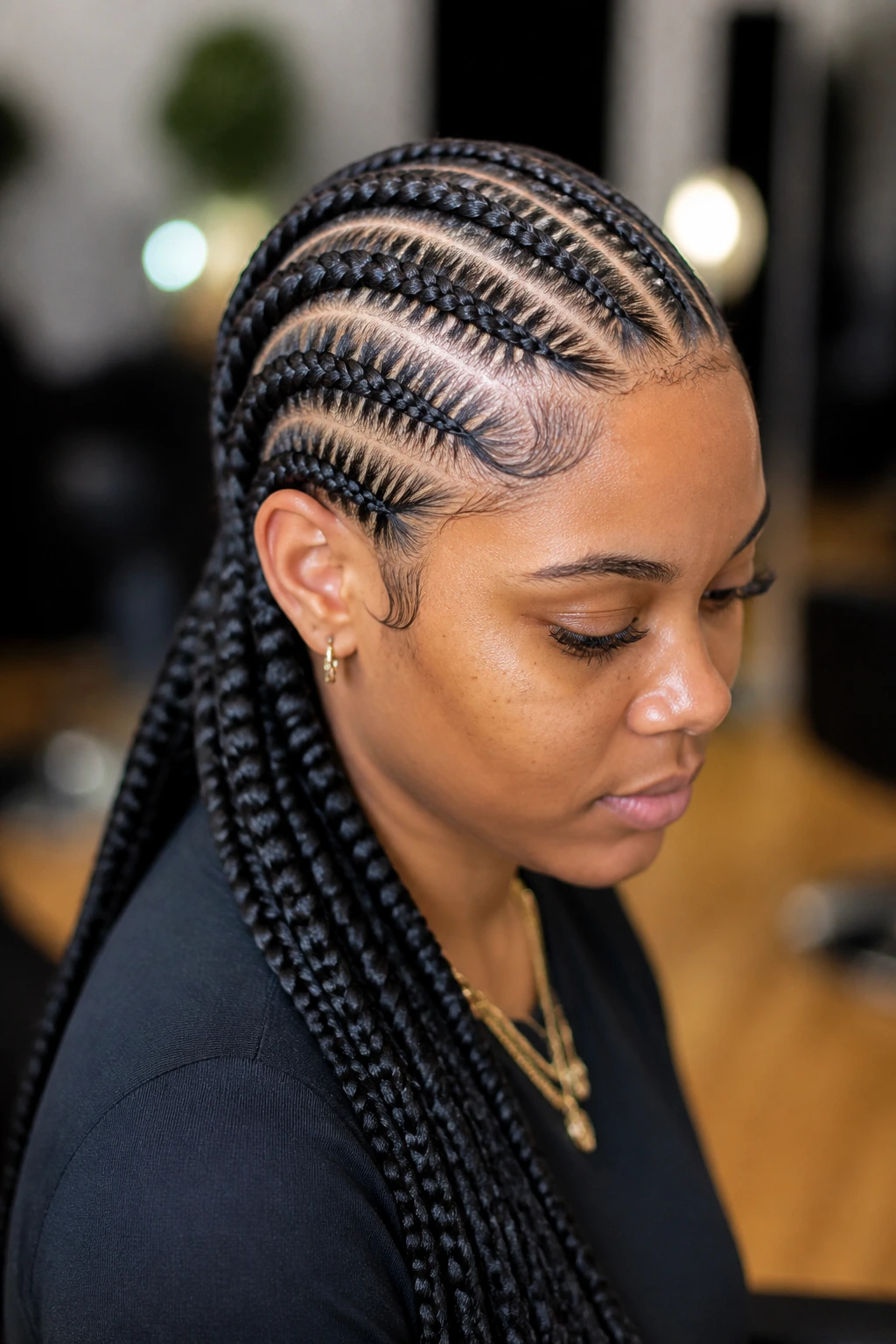 Portrait of a person with straight-back cornrows on long hair, showcasing neat parts