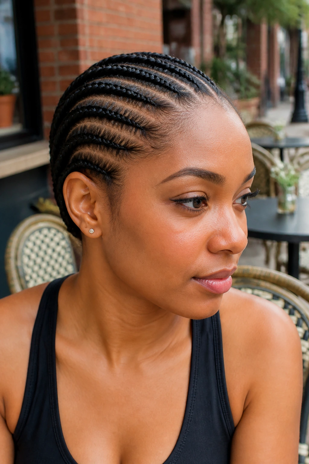 Close-up portrait of a real woman with straight-back cornrows under soft daylight
