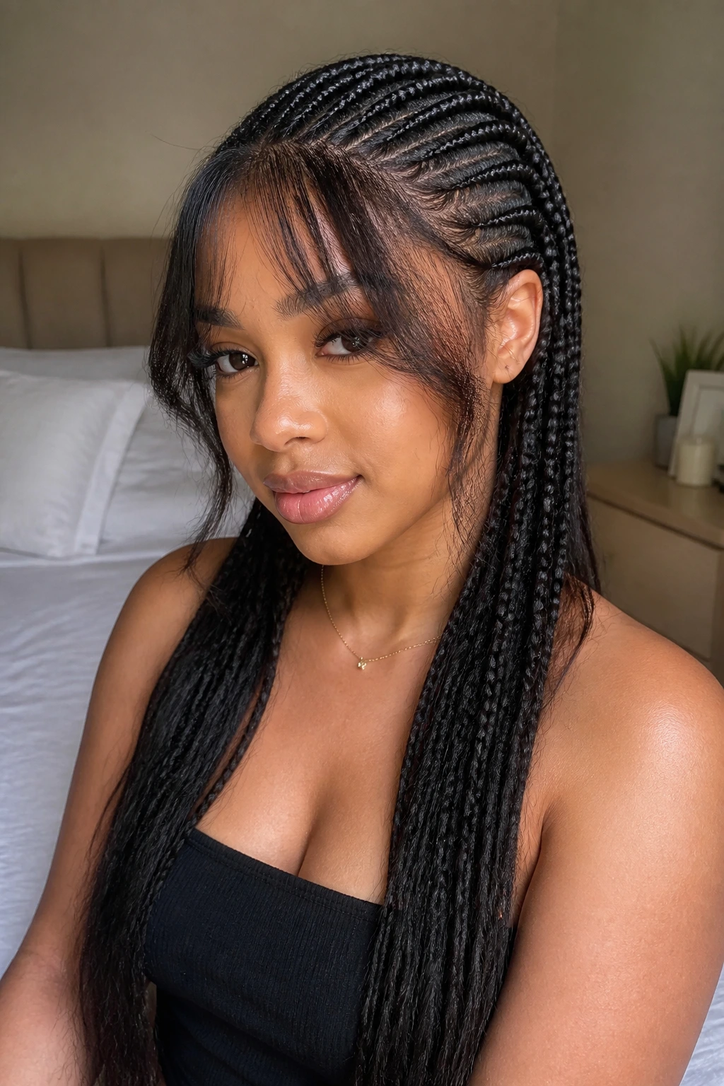 Close-up of a woman with straight backs and soft side bangs in natural window light