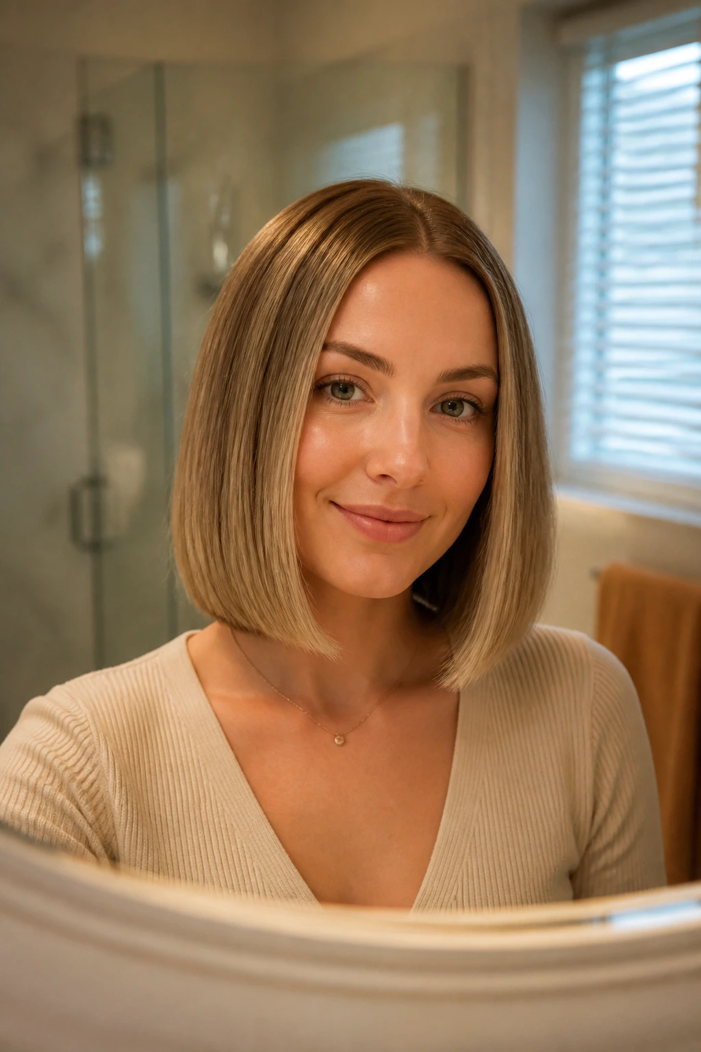 Portrait of a real woman with a crisp straight dark blonde bob and smooth ends