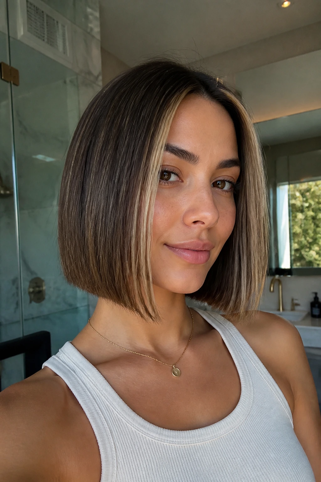 Woman with jaw-length straight bob and front money piece close-up