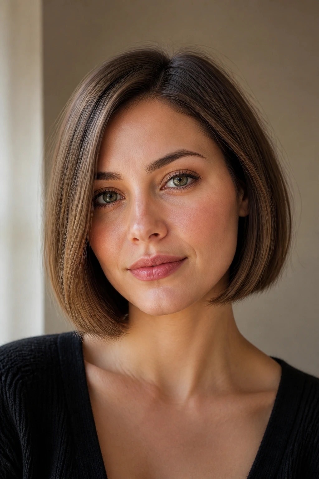 Portrait of a woman with a straight bob framing a round face.