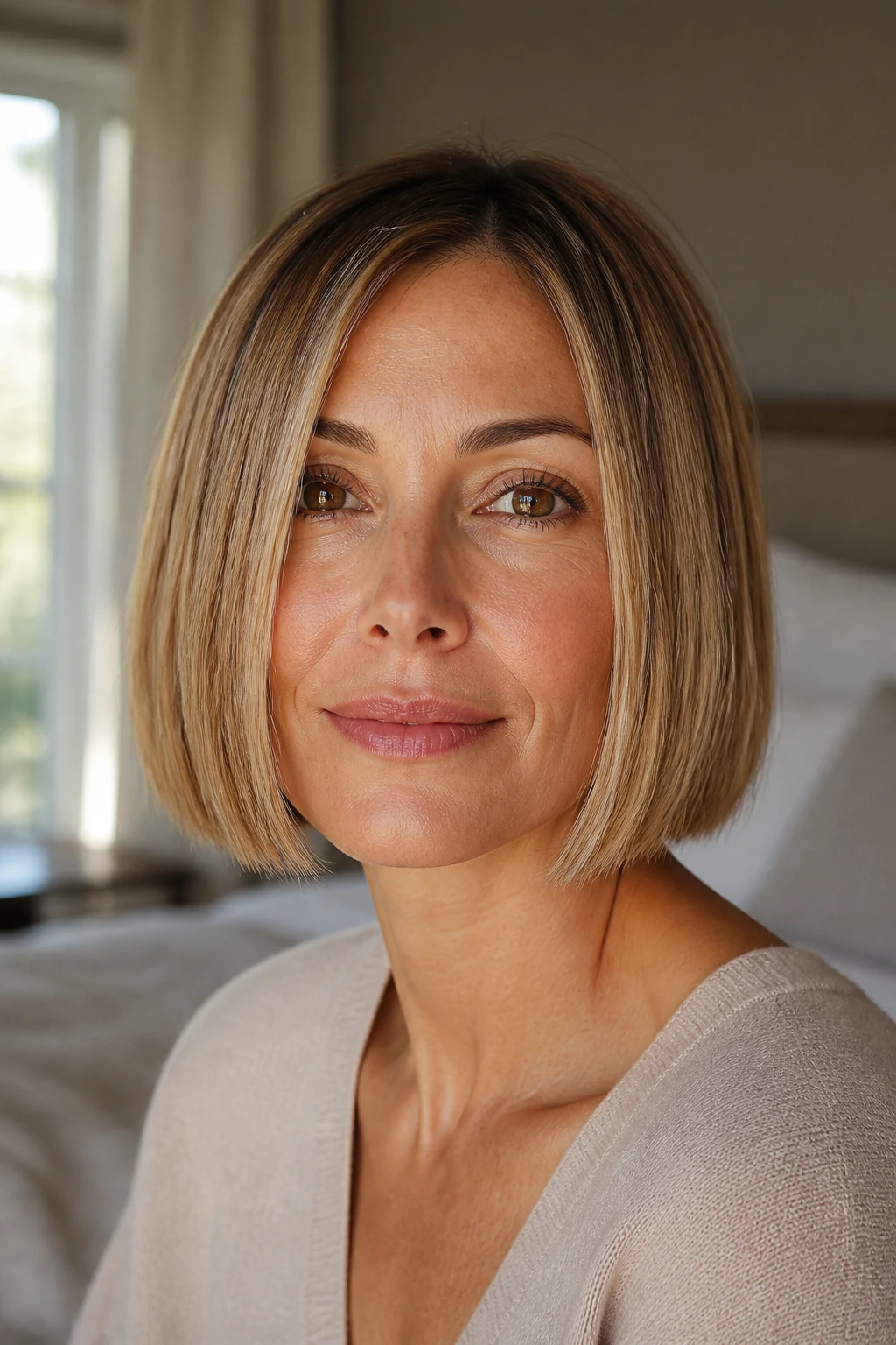Close-up portrait of a real woman with a straight bob framing a round face, lit by natural window light.