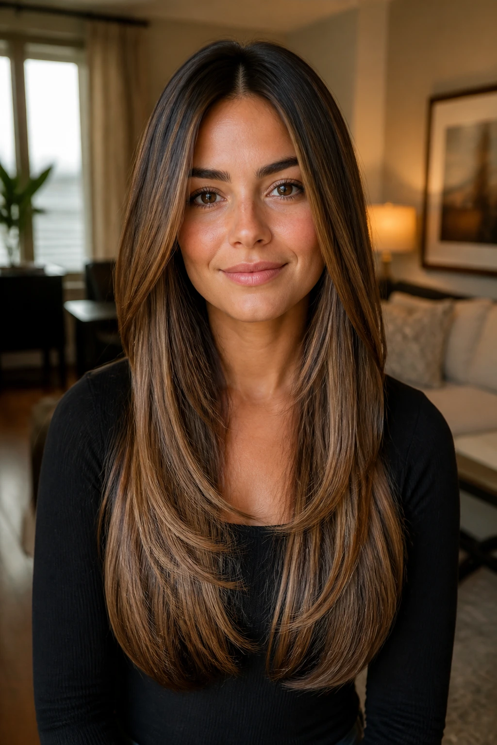 Long straight hair with caramel lowlights and cascading layers
