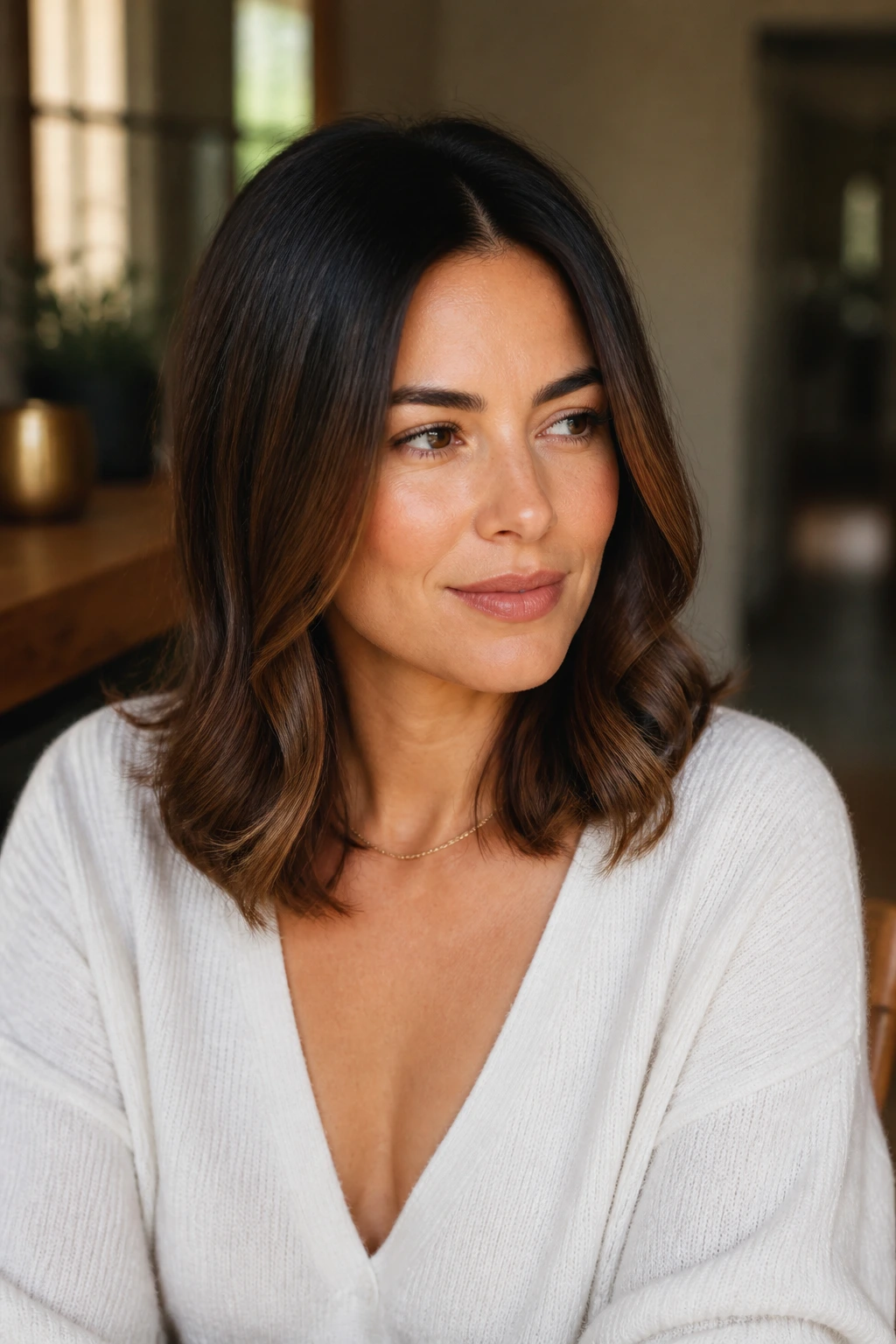Portrait of a real person showing straight-and-curl mix with smooth crown and gentle lower curl