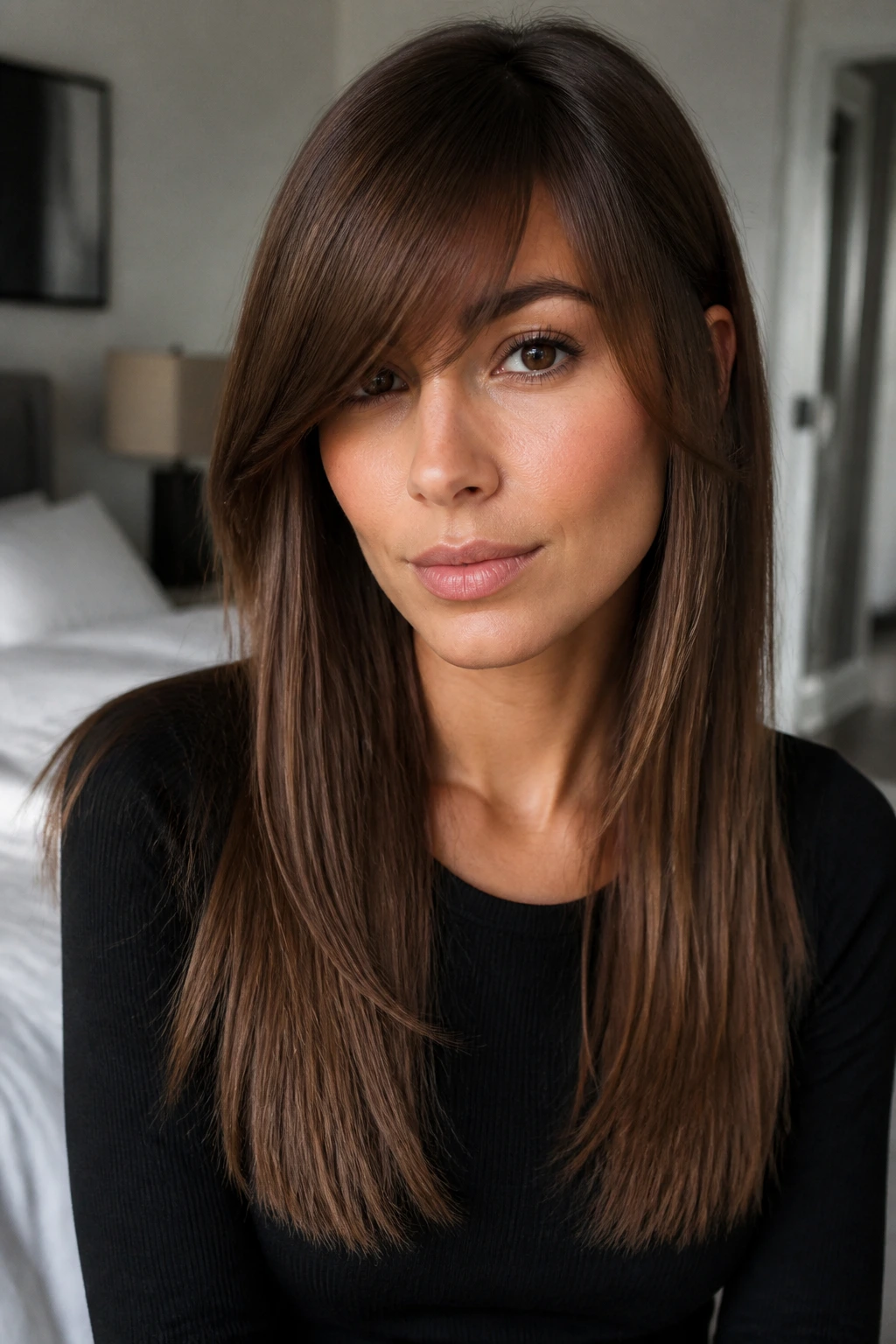 Close-up of a woman with a straight cut and cheekbone layers.