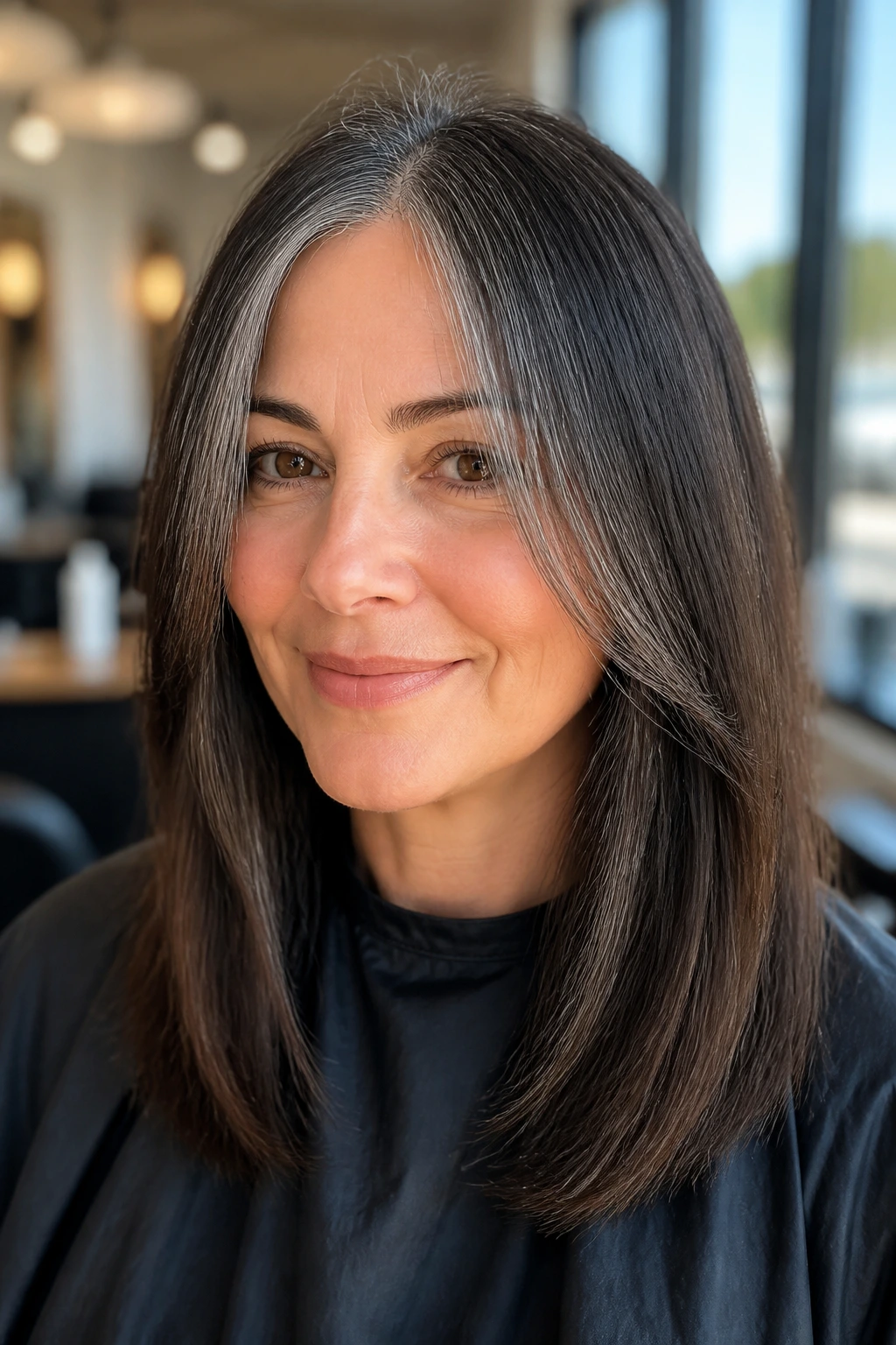 Close-up brunette with straight cut and soft face-framing layers and silver roots.