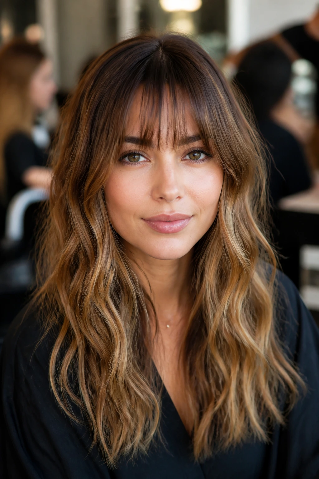 Portrait showing fringe straight with soft surrounding waves to illustrate texture variations.