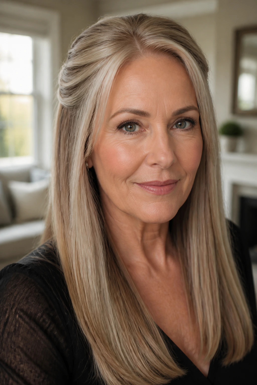 Close-up of a real woman with straight glossy hair tucked back at the front