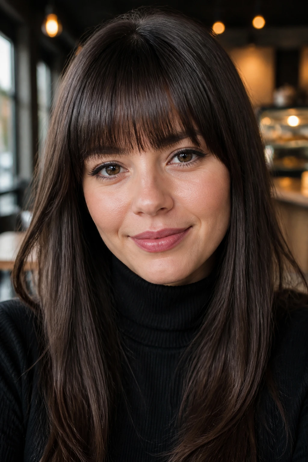 Real woman wearing straight-hair bangs with a slight bevel in a cafe setting.