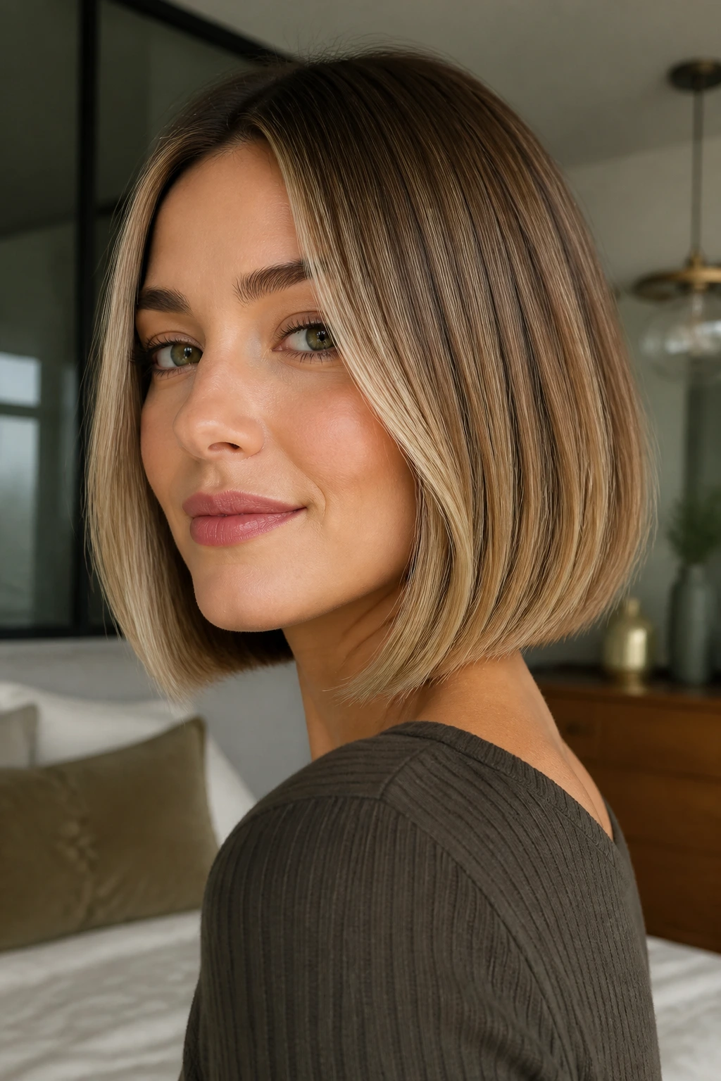 Close-up portrait of a real woman with a straight bob showing crisp edges and gentle bend in natural light