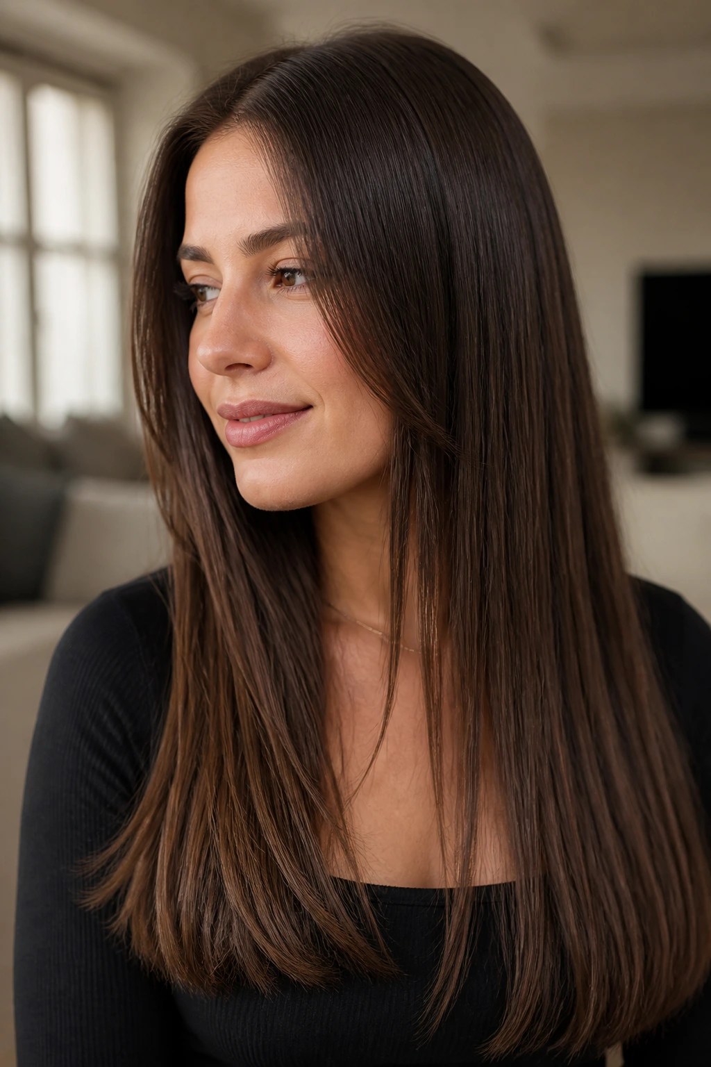 Close-up portrait of a real woman with long straight hair showing subtle internal layers and blunt perimeter in window light
