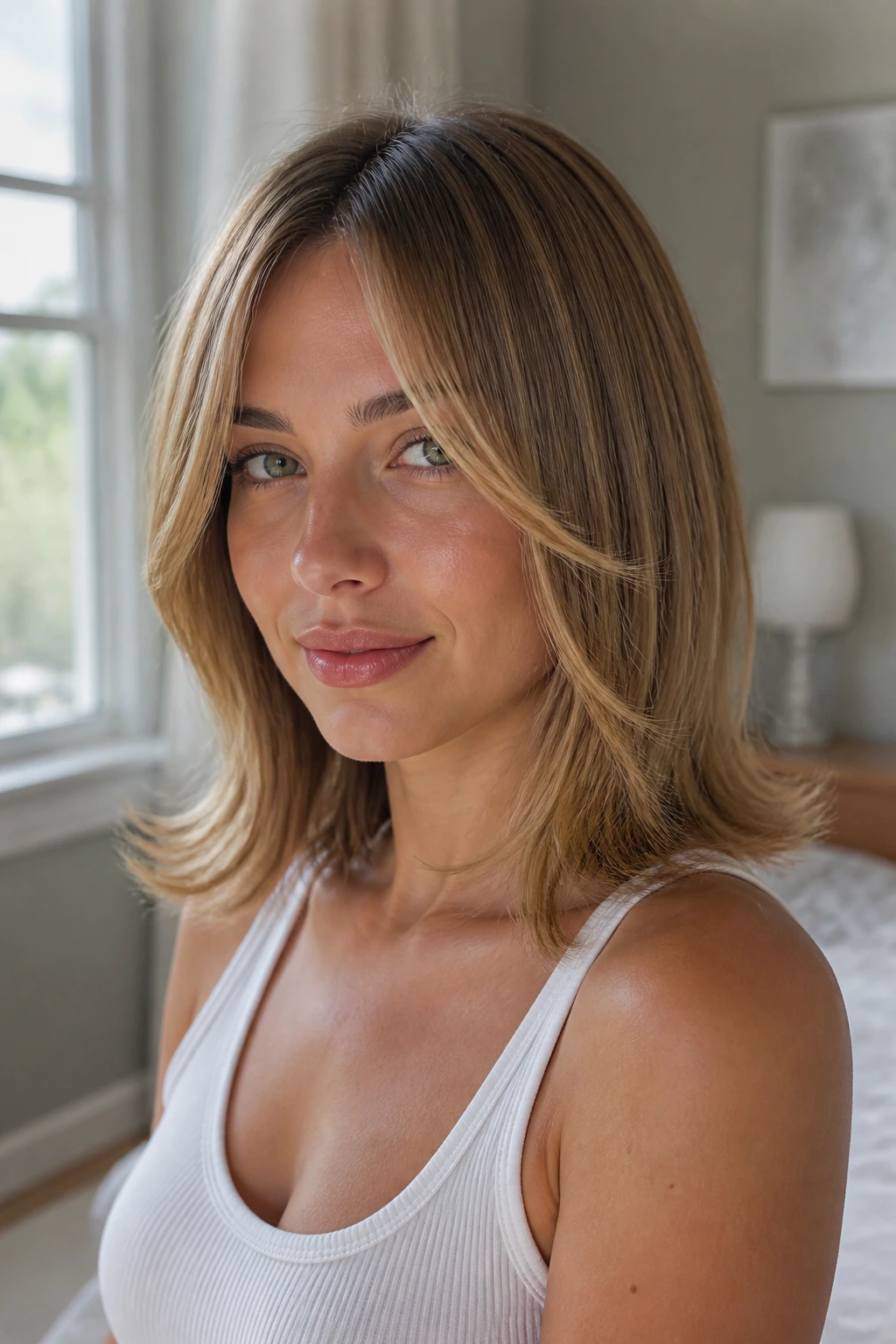 Close-up portrait of a real woman with straight hair and flipped-out ends