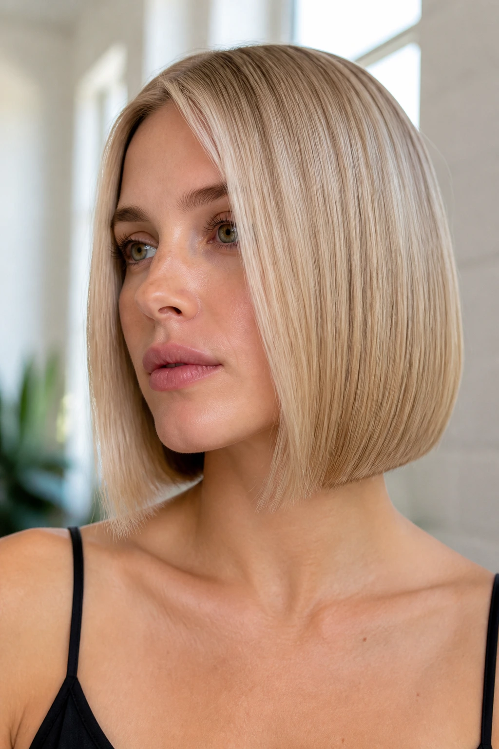 Close-up portrait of a real woman with straight hair showing a crisp hairline