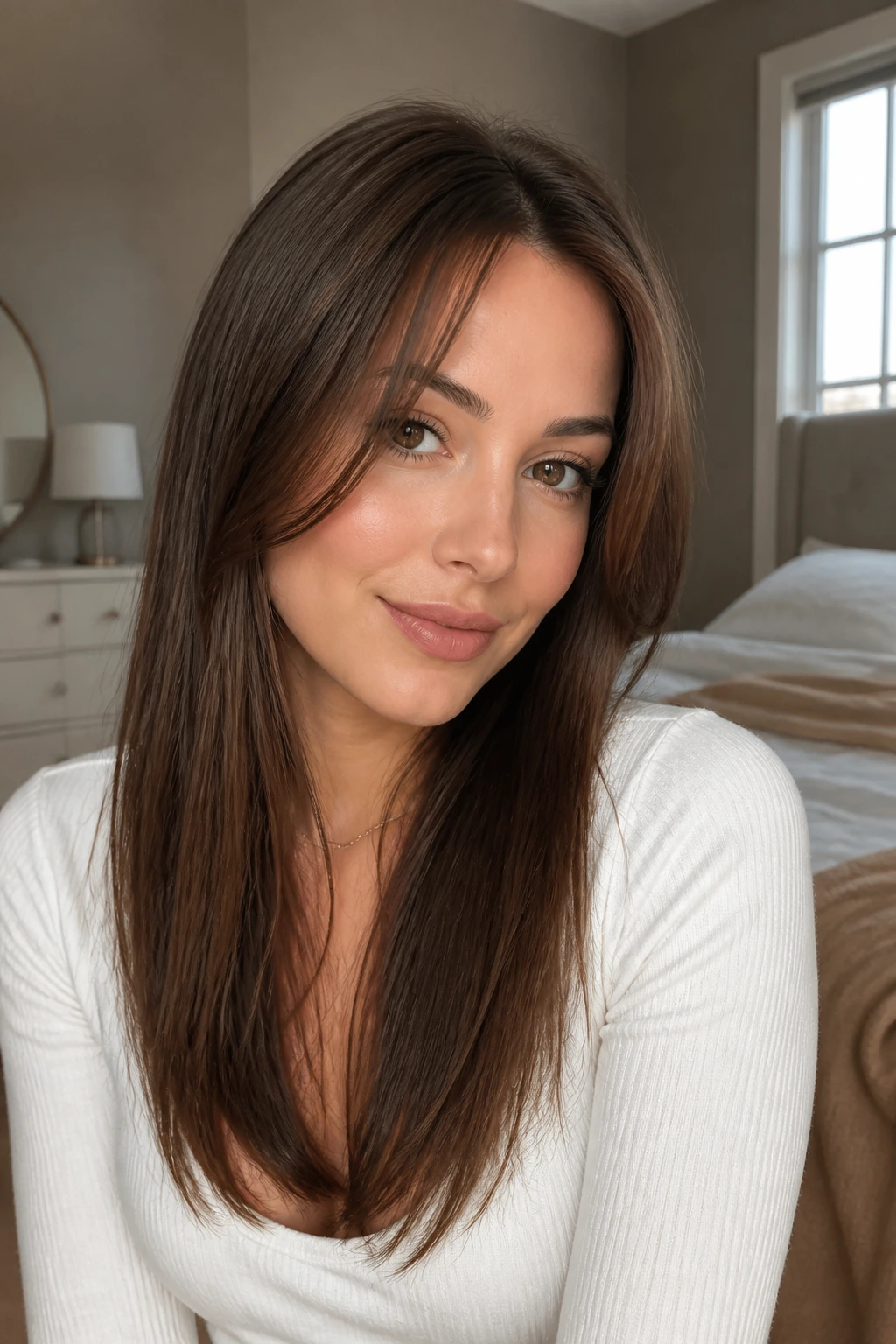Close-up portrait of a real person with straight hair and a heart-shaped face showing soft forehead framing