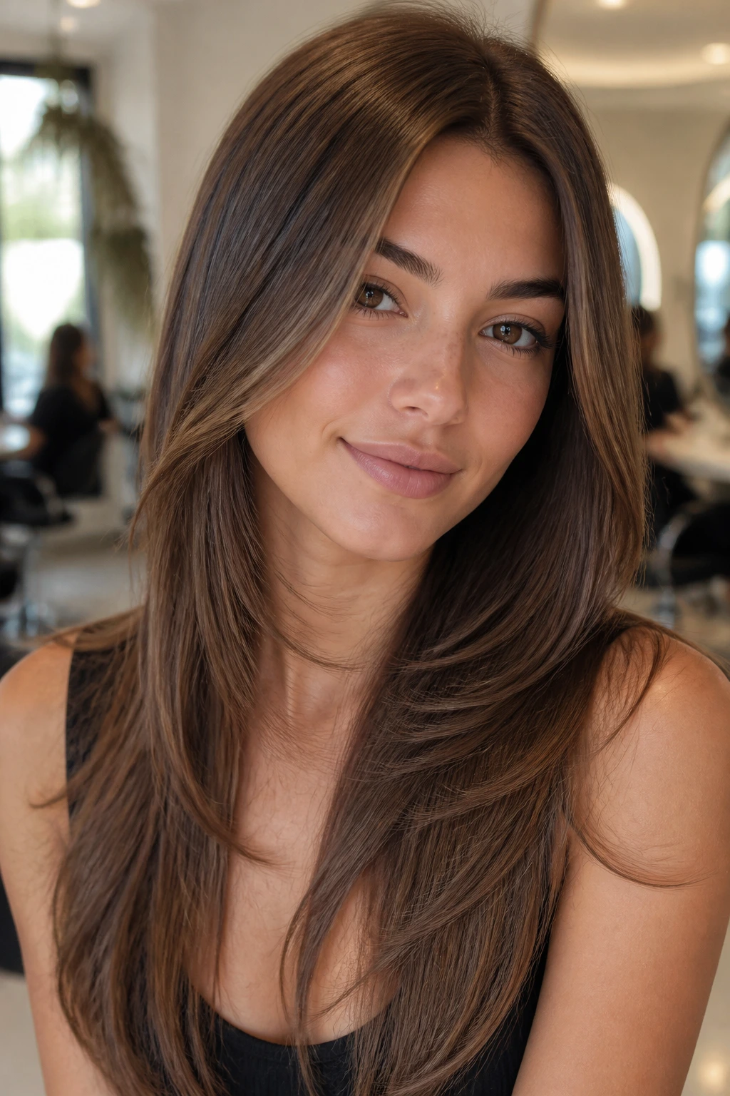 Close-up of a real woman with long straight hair and a heart-shaped face in a salon setting
