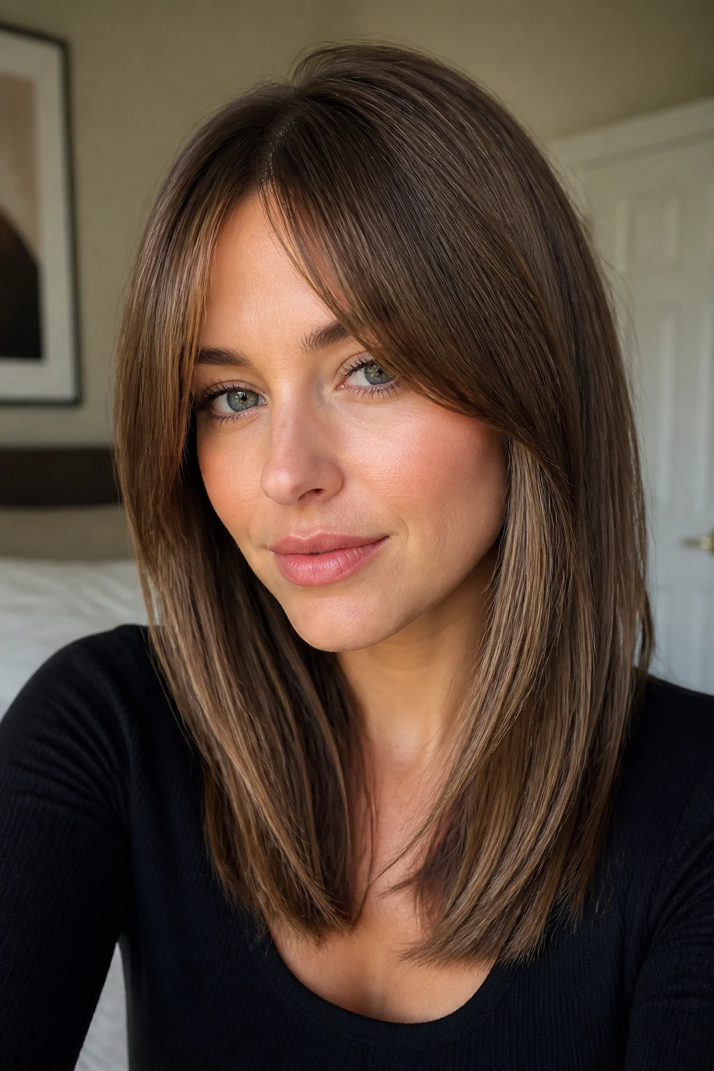 Close-up portrait of a real woman with straight hair showing layered cut and curtain bangs in natural window light