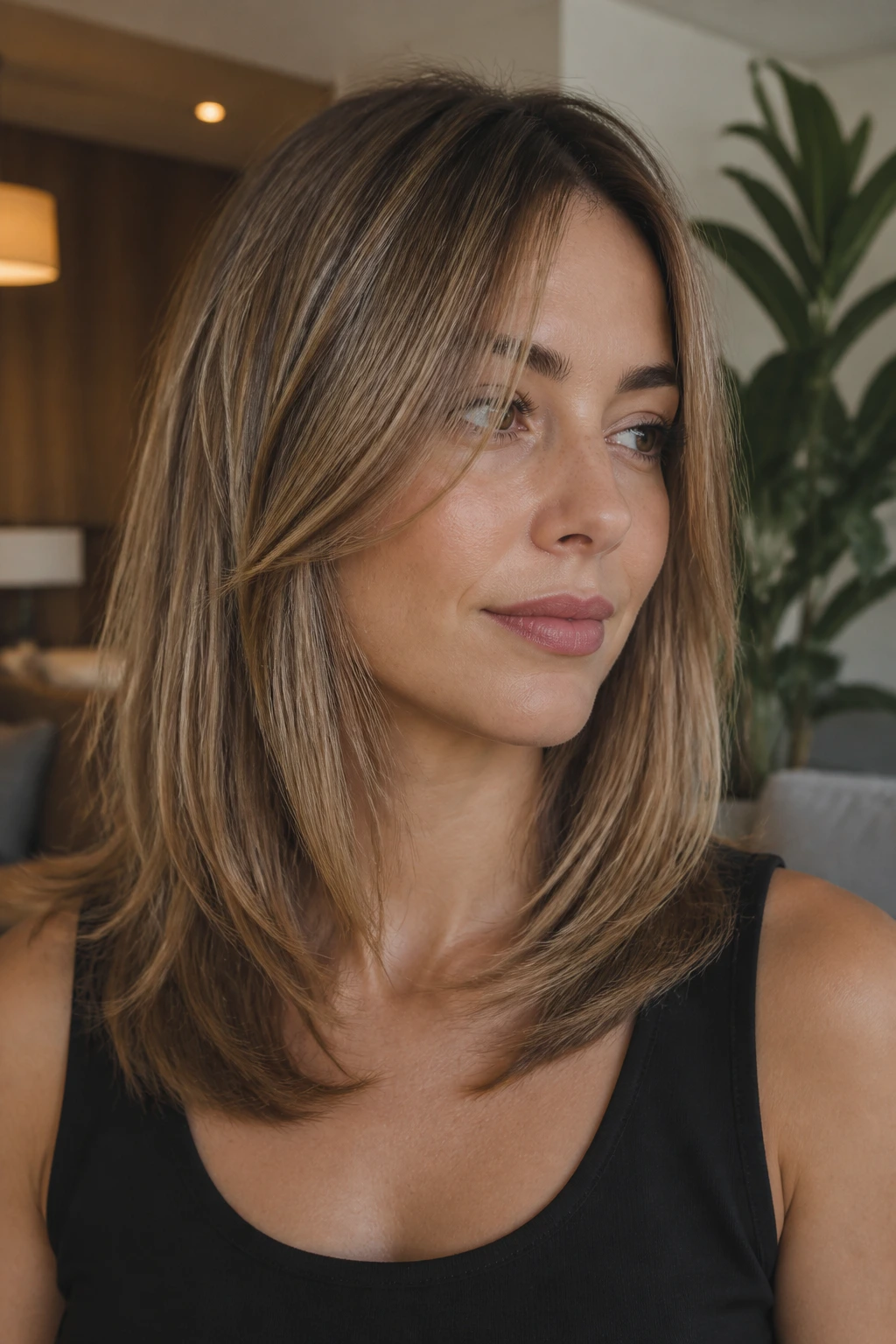 Portrait of straight, thin hair with longer layers and blunt exterior