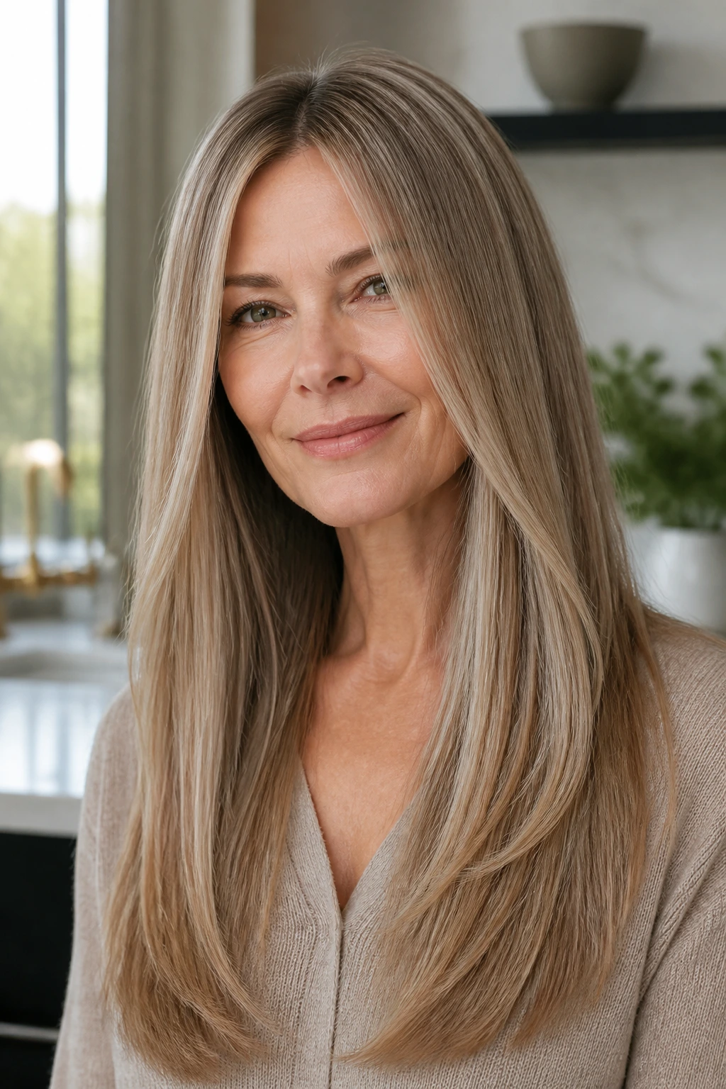 Portrait of a woman with glassy straight layers in bright morning light.