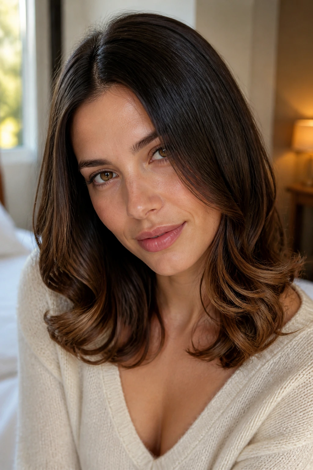 Close-up portrait of a real woman with straight crown and loose curls at the hem on medium-length hair