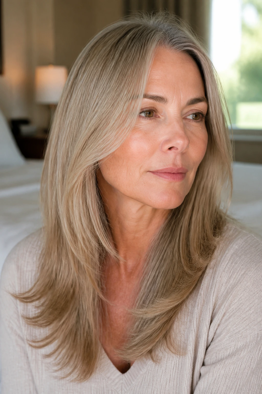 Close-up portrait of a real woman with straight-hair movement layers and a slight outward flip