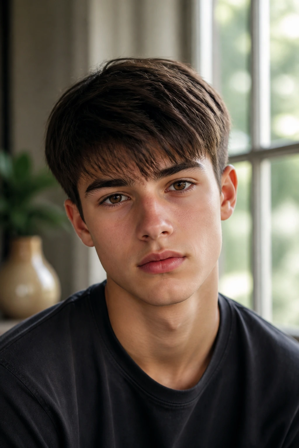 Real boy portrait showing a straight-hair cut on an oval face with highlighted top and fringe
