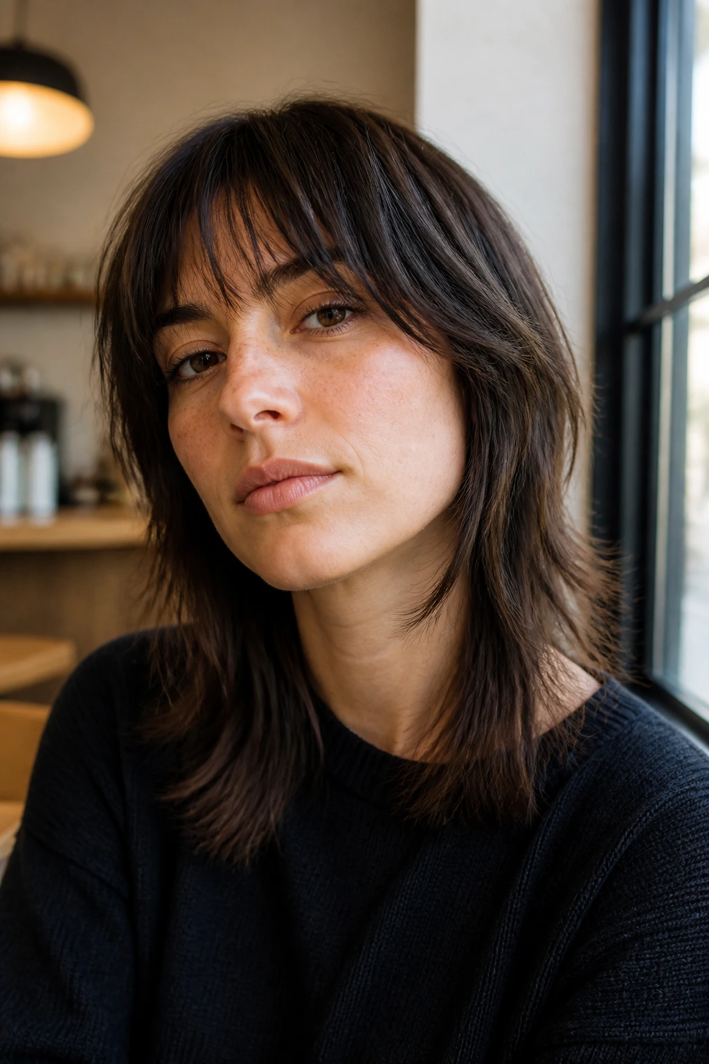 Close-up portrait of a real woman with Straight-Hair Piecey Shag and separated bangs