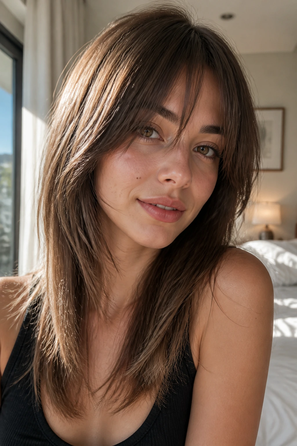 Close-up portrait of a real woman with straight-hair shag showing movement