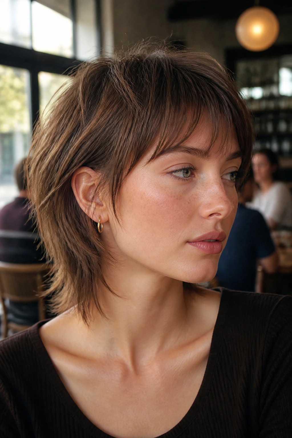 Close-up of a woman with straight hair featuring micro layers and a choppy edge.