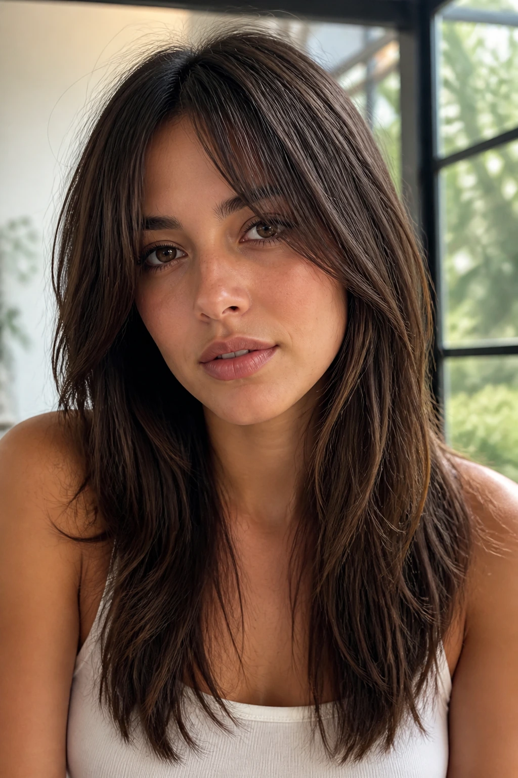 Close-up portrait of a real woman with straight-hair shag and soft textured layers