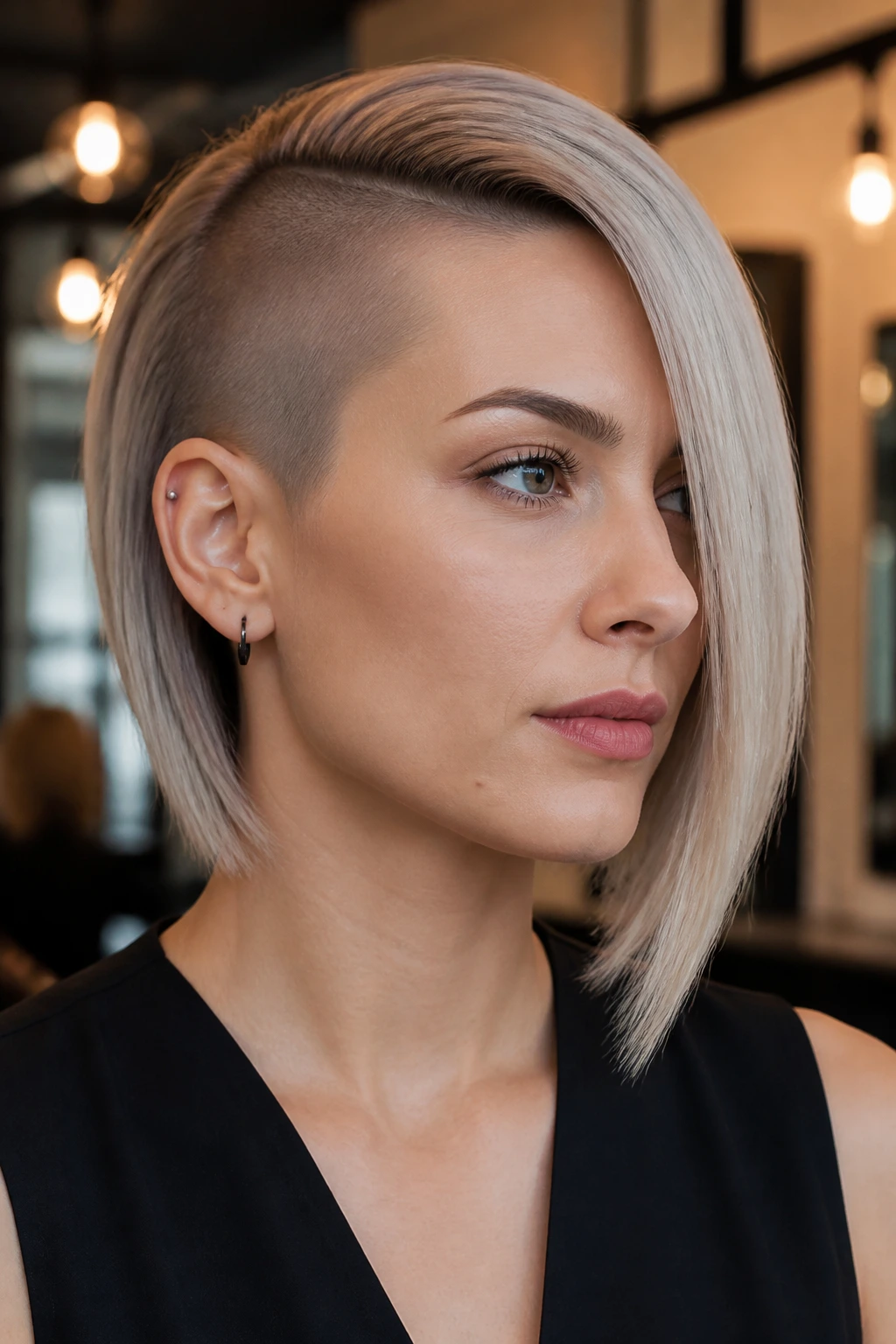 Close-up portrait of straight-haired woman with shaved side-swept bob showing clean lines