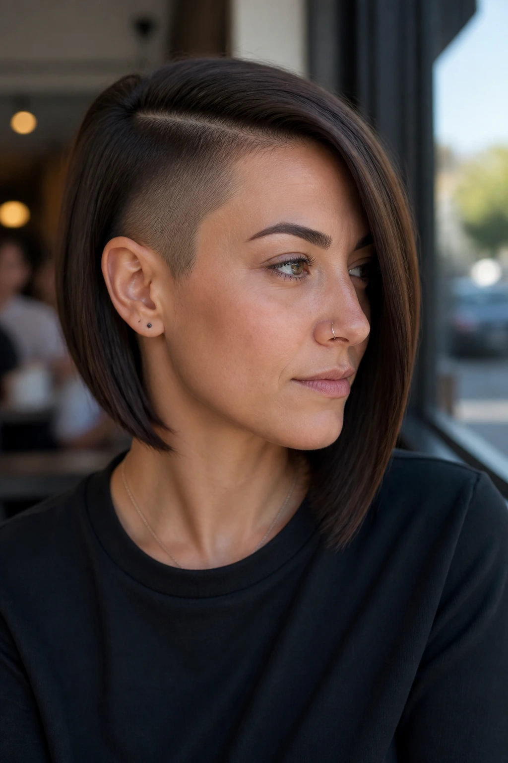 Real woman with straight hair and shaved side showing a crisp line