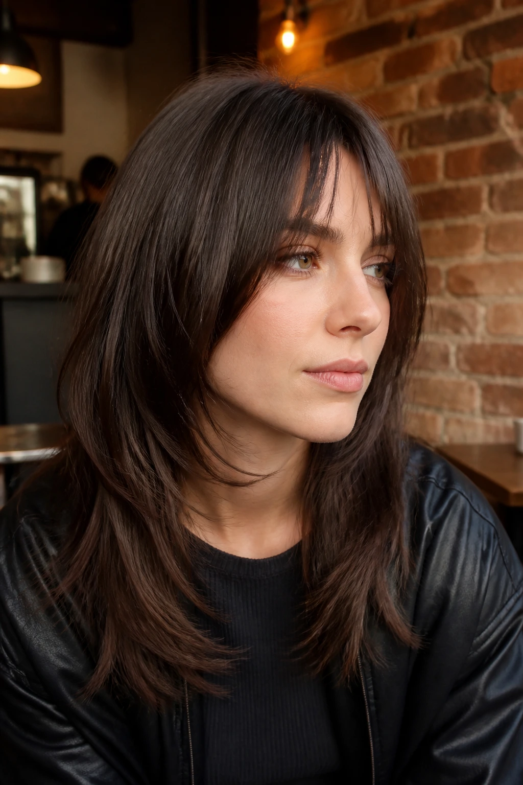Close-up of a real person with straight thick hair and sliced layers