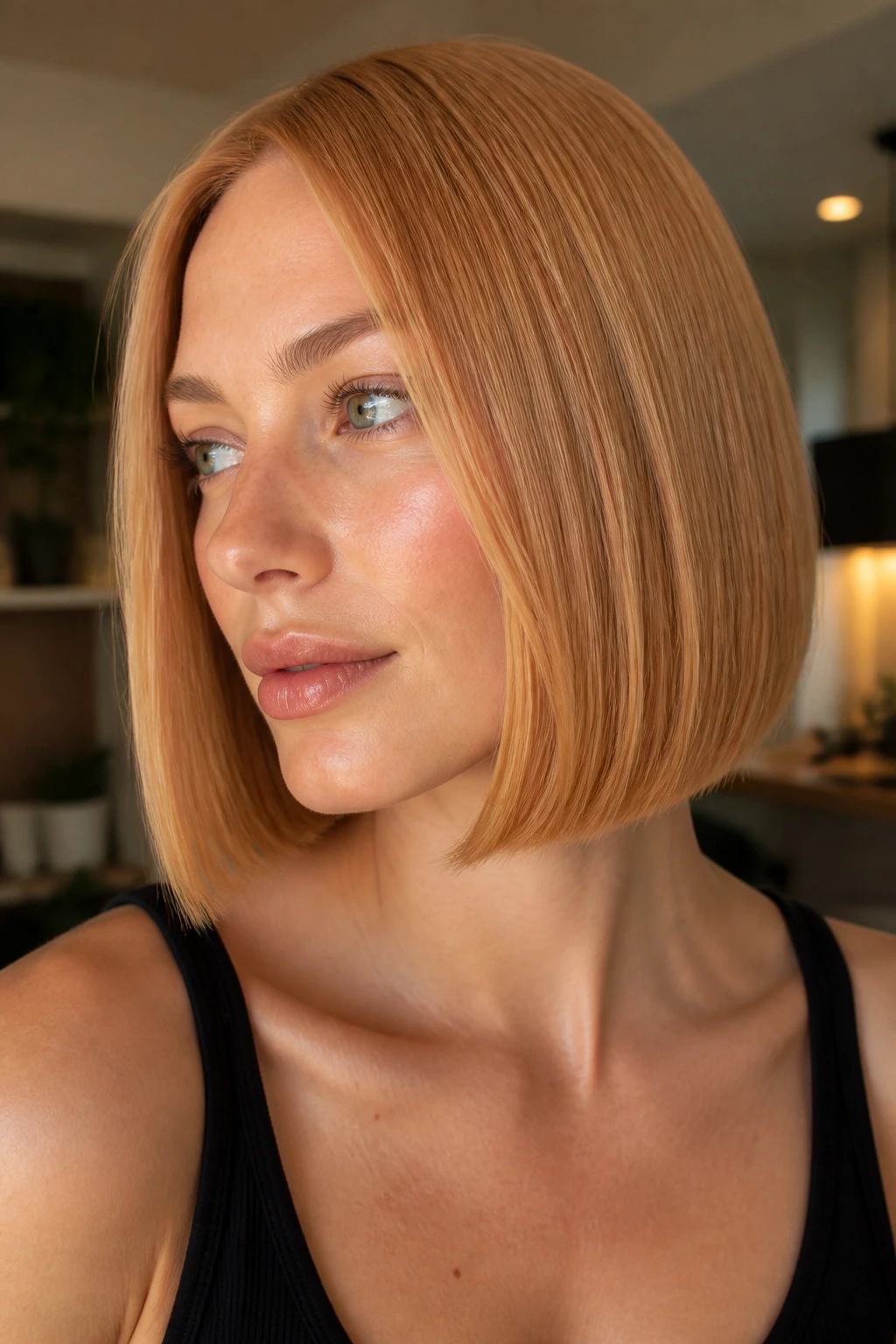 Real person with straight strawberry blonde bob showing crisp line and shine.