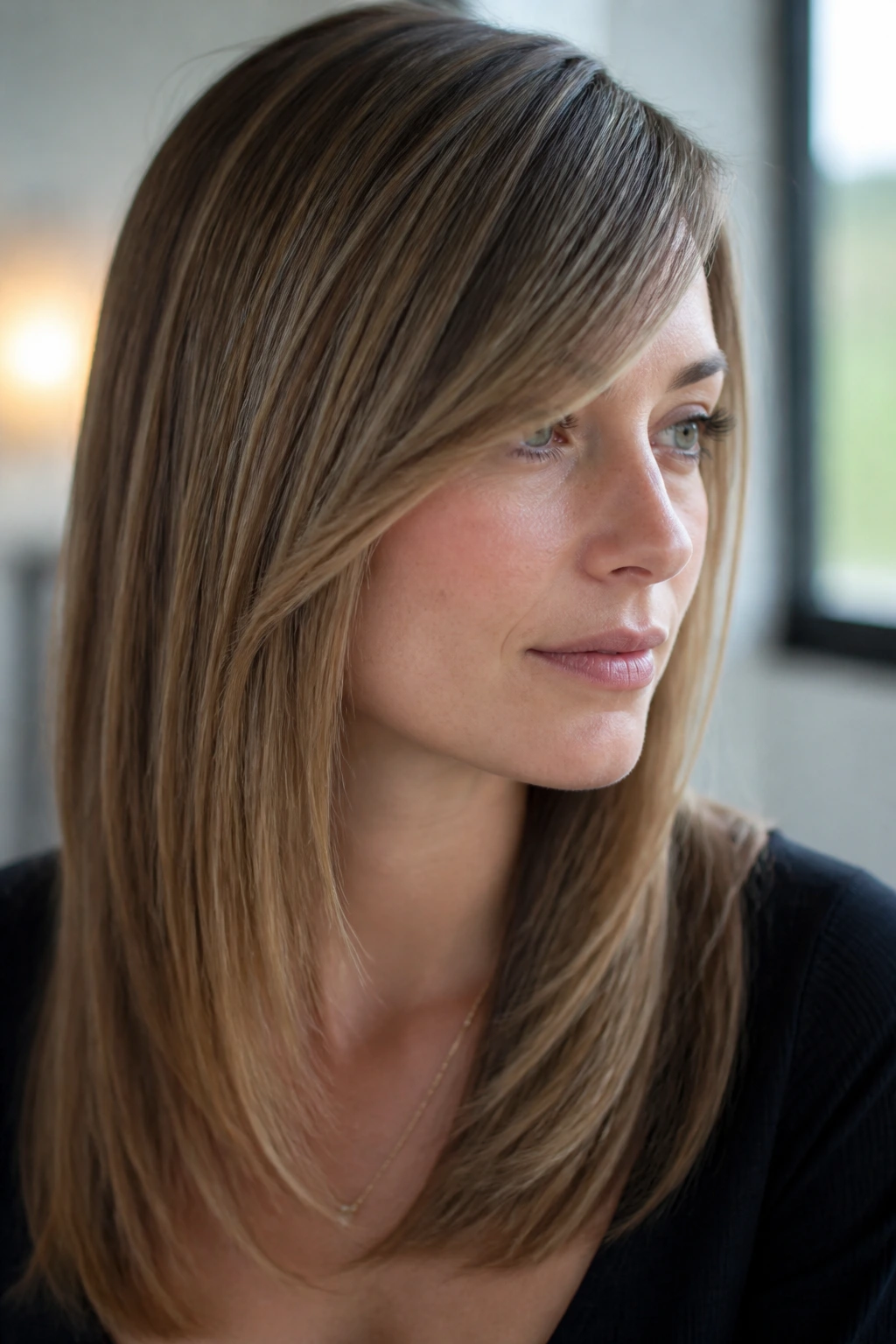 Close-up of a real woman with straight hair and a clean edge side-sweep