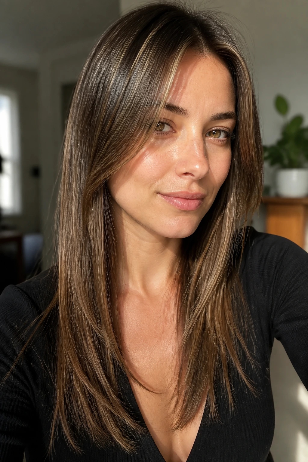 Portrait of a woman with straight, layered haircut.