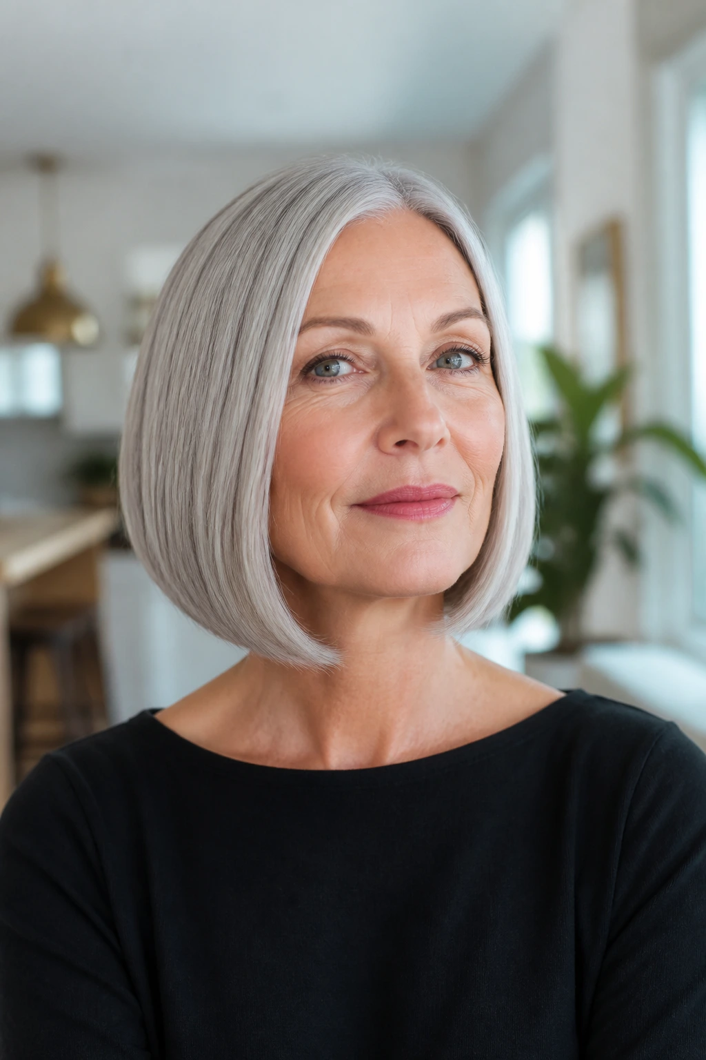 Portrait of a real woman with a chin-length bob and glossy straight hair in a bright home setting