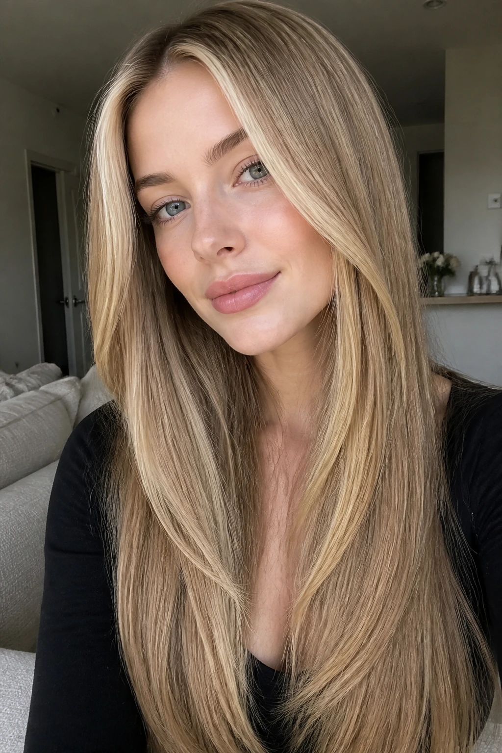Real woman with straight long hair and champagne money pieces framing the face in soft light.