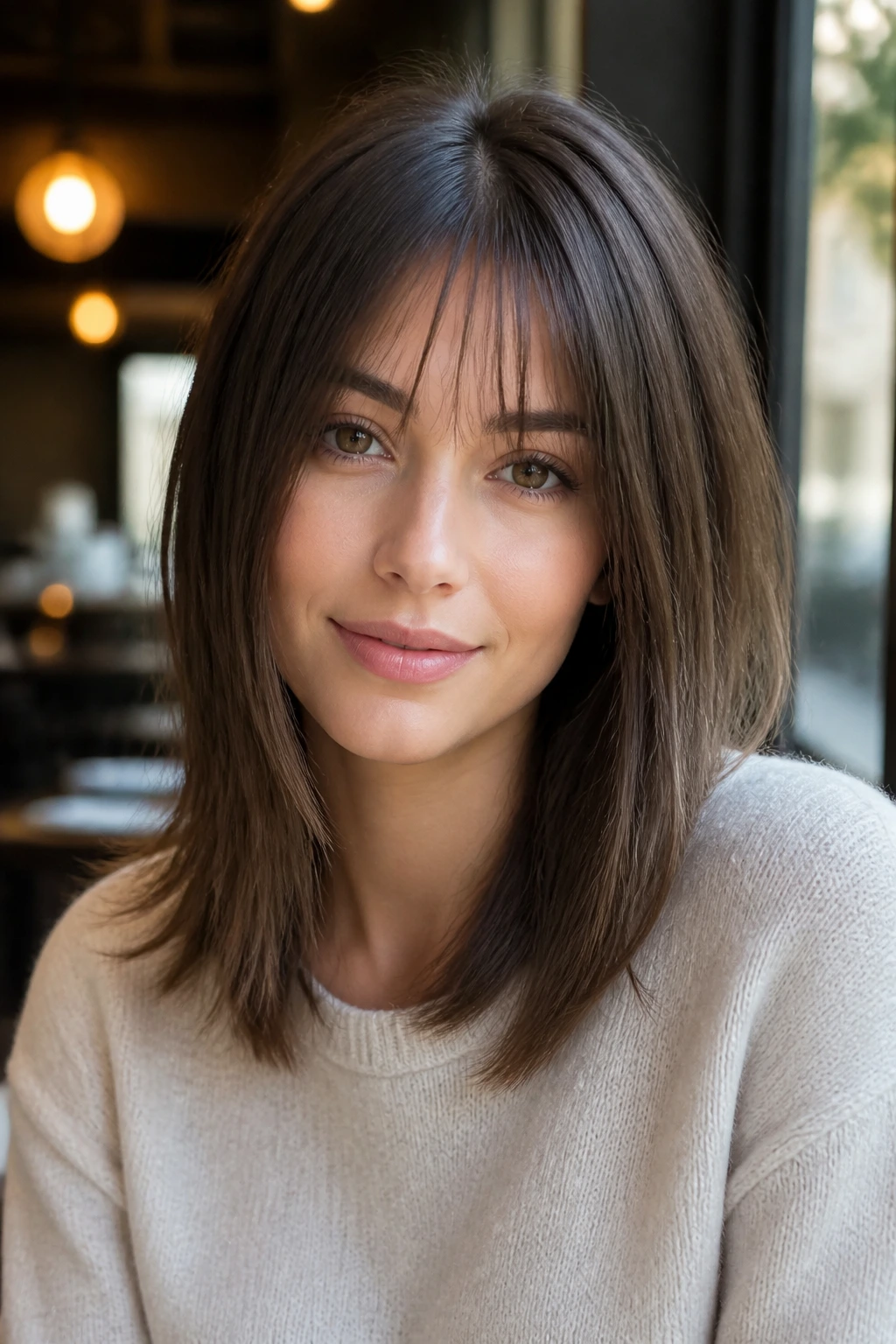 Close-up portrait of a woman with straight shoulder-length hair and a see-through fringe in natural light