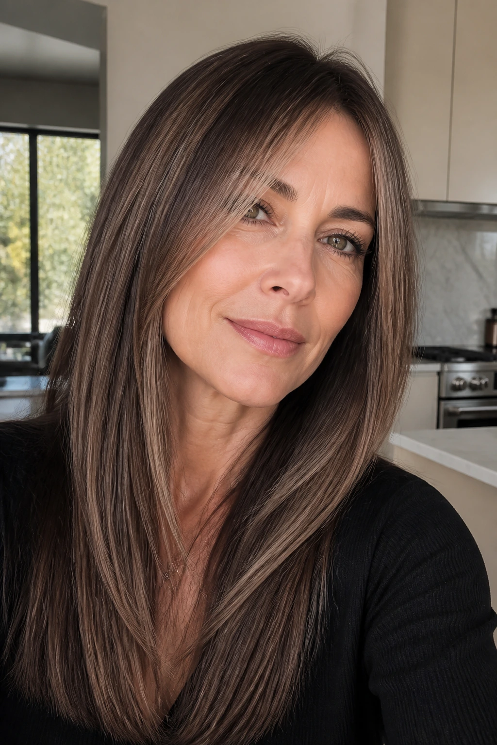 Portrait of a real woman with straight hair and cool mocha panels
