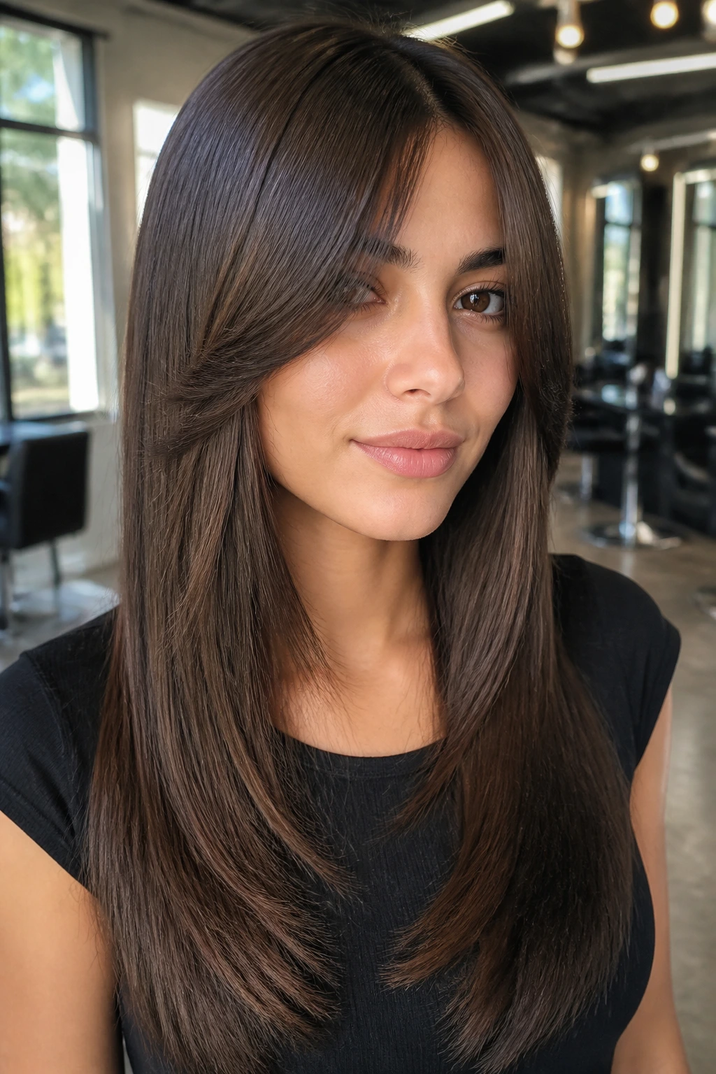 Close-up portrait of a real person with glossy straight layers and tapered curtain ends in a salon