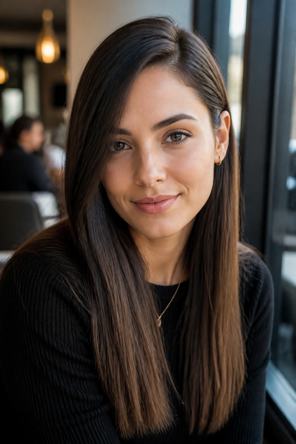 Portrait of a real woman with straight lengths, wide side part, and ear tucked behind hair