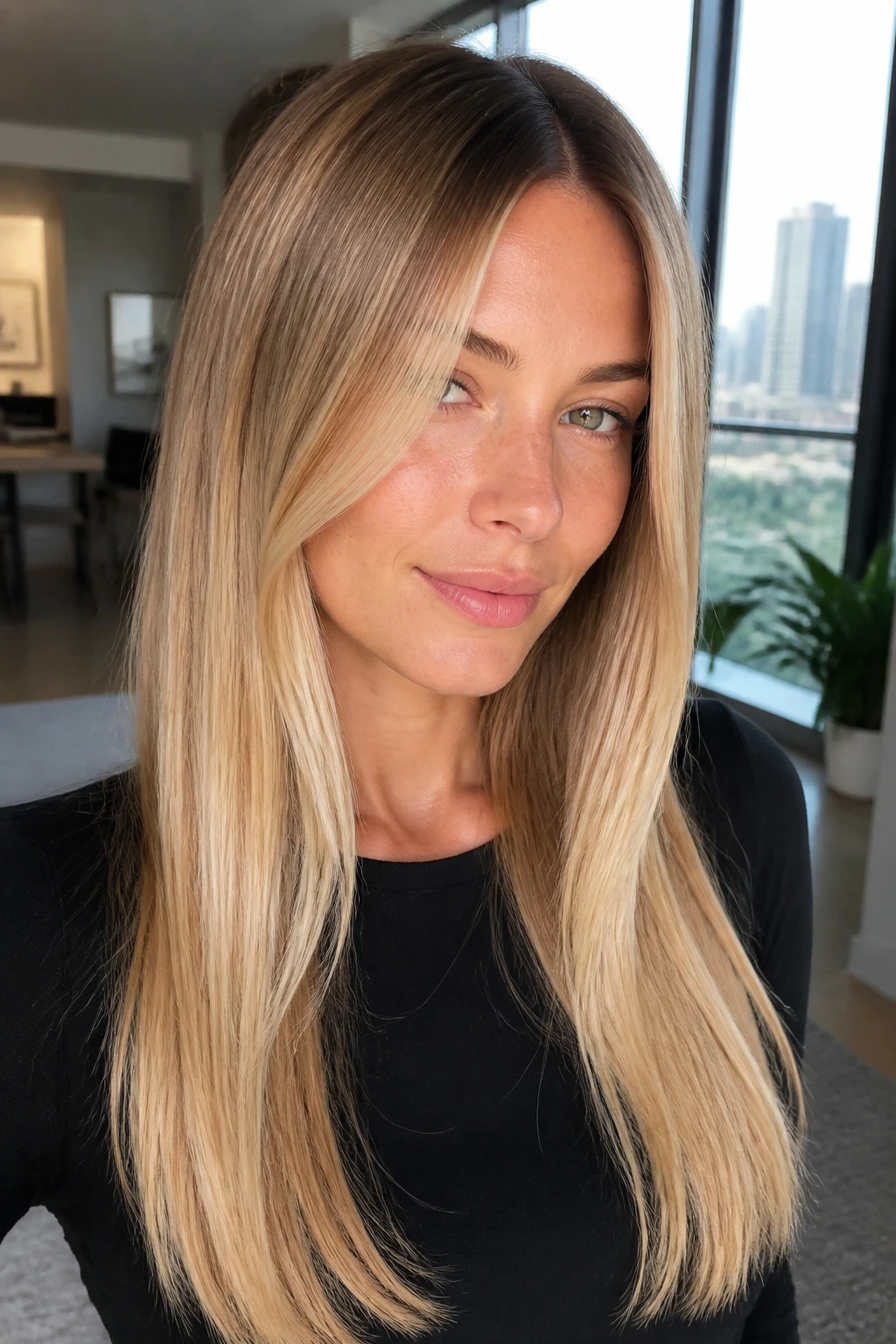Real woman with straight hair and root shadow, face-framing layers