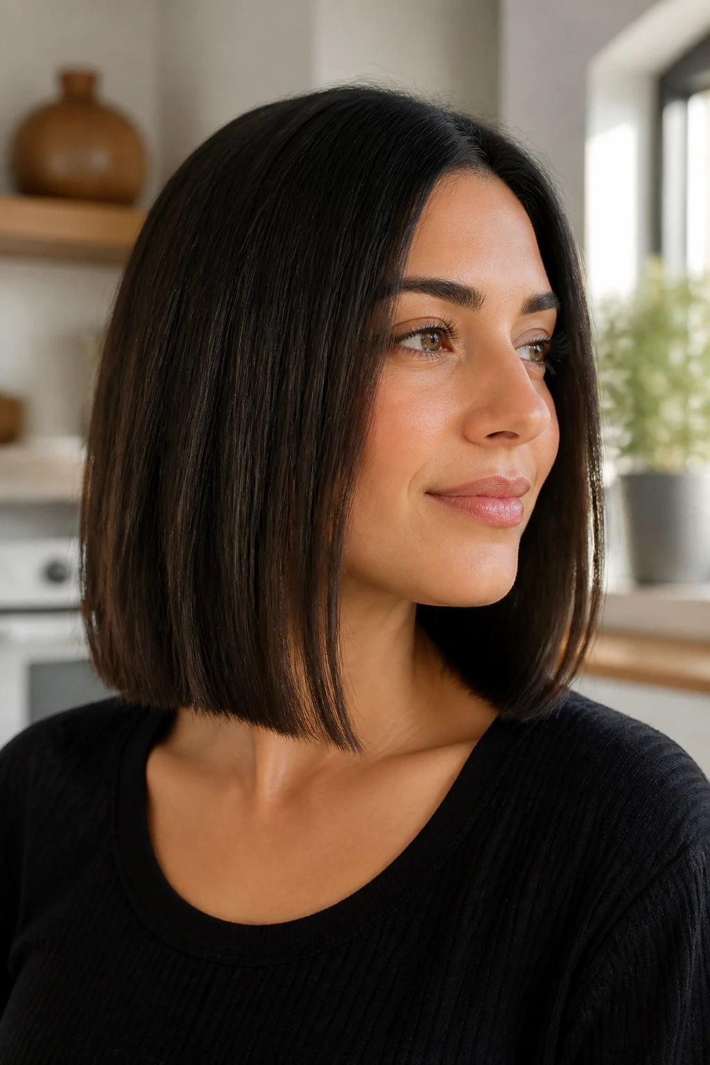 Portrait of real woman with collarbone-length straight lob